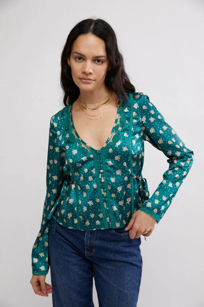 Free People Field Of Roses Blouse Green Combo